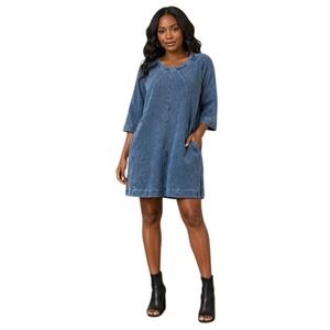 Max Jeans Blue Denim Look 3/4 Sleeve Shift Dress with Pockets Size Large